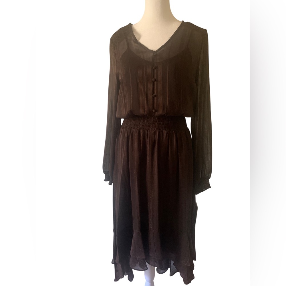 Nanette Lepore Women’s Chiffon Brown Bishop Sleeve Sundress,Sz 6. 100%Polyester